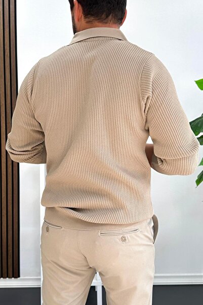 Edwox Men's Patterned Stretch Fabric Zippered Sweater Mink Edw428