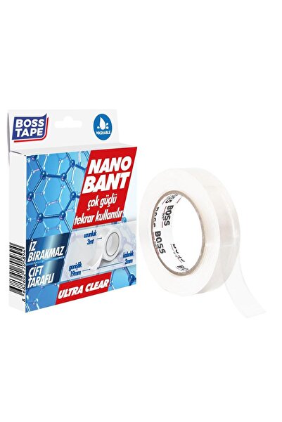 Boss Tape Nano Bant 3 Metre Çok Güçlü Çift Taraflı Şeffaf Yıkanabilir En:19mm