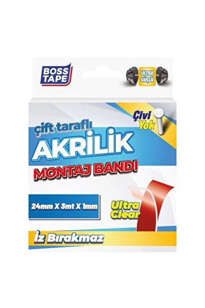 Boss Tape Şeffaf Çift Taraflı Akrilik Montaj Bandı En:24m Boy:3mt