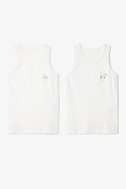 Penti Off-White Boy's Car Patterned Thick Strap 2-Piece Cotton Undershirt
