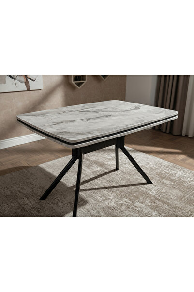 DENGEMA Koza Dikdörtgen Masa – Gri Mermer, Siyah Ayak, 80×120 cm (Sandalyesiz)