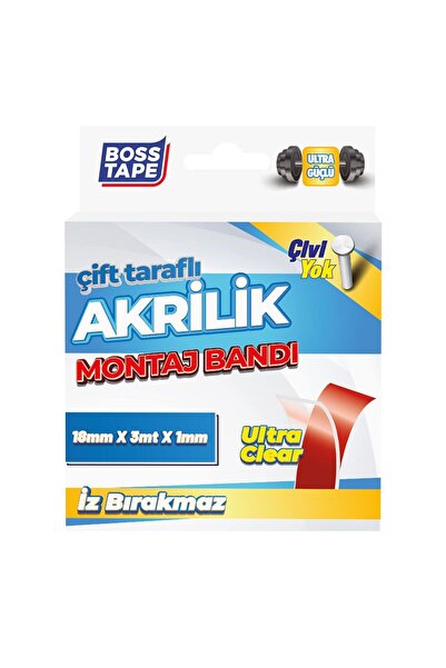 Boss Tape Bosstape Çift Taraflı Akrilik Montaj Bandı- 18mmx3mt Şeffaf