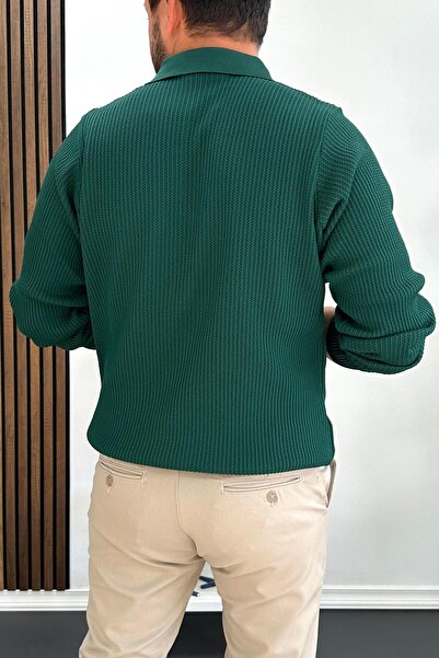 Edwox Men's Patterned Stretch Fabric Zippered Sweater Green Edw428