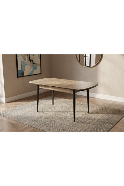 DENGEMA Berlin Açılır Dikdörtgen Masa – Ceviz Desen, Siyah Ayak, 80×130 → 160 cm (Sandalyesiz, 4–6 Kişilik)