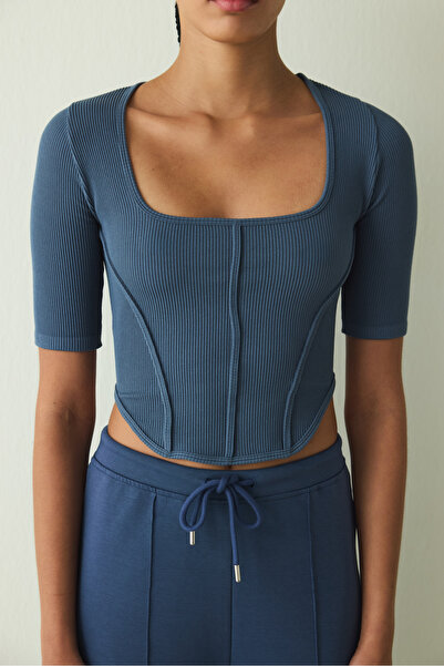 Penti Indigo Square Neck Seamless Short Sleeve Crop Top