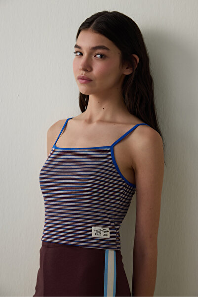 Penti Brown Striped Textured Square Neck Cotton Removable Covered Crop Tank - Inspired by Flora