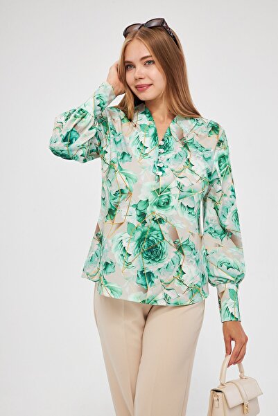 ESPİNA Γυναικεία Ψηφιακή Εμφάνιση Μπροστινή Μπλούζα Scuba με μανσέτα με κουμπιά