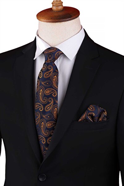 Kravatkolik Navy Blue Paisley Pattern Classic Tie with Handkerchief Kk13122