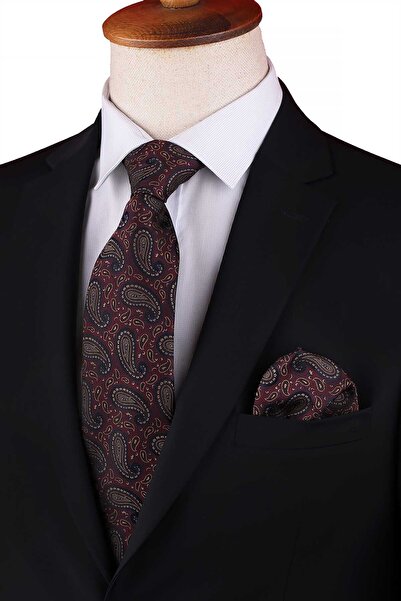 Kravatkolik Claret Red Paisley Pattern Classic Tie with Handkerchief Kk13119