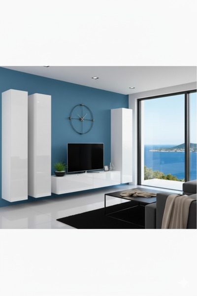 MAC DİZAYN Fasalıs Boy Dolaplı 140 cm Beyaz Parlak TV Ünitesi – Modern Duvar Tipi Minimalist Tasarım