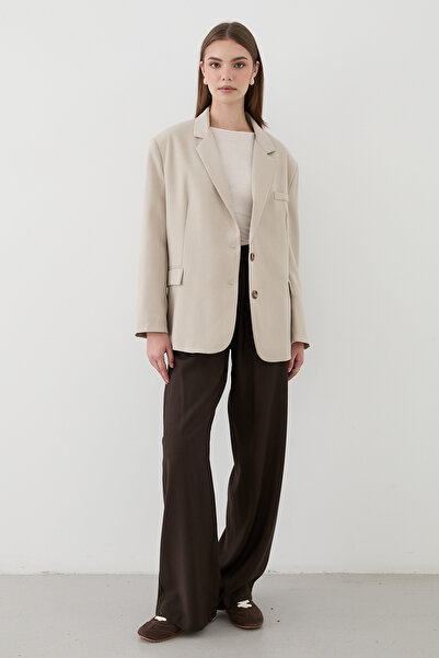 JASTE Women's Beige Button Detailed Oversize Blazer Jacket
