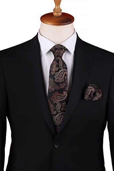 Kravatkolik Κλασική γραβάτα με μοτίβο καφέ σάλι με μαντήλι KK13121