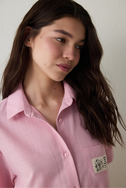 Penti Lila Slogan Baskılı Gömlek Yakalı Pamuklu Kısa Kollu Şortlu Pijama Takımı - Inspired by Flora