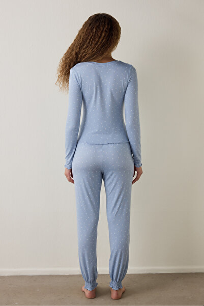 Penti Açık Mavi Dreamy Puantiye Desenli V Yaka Uzun Kollu Pijama Takımı