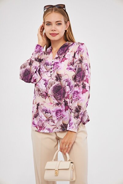 ESPİNA Γυναικεία Ψηφιακή Εμφάνιση Μπροστινή Μπλούζα Scuba με μανσέτα με κουμπιά