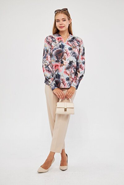 ESPİNA Γυναικεία Ψηφιακή Εμφάνιση Μπροστινή Μπλούζα Scuba με μανσέτα με κουμπιά