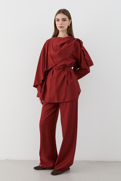 JASTE Women's Draped Belted Blouse & Wide Leg Elastic Waist Pants Set