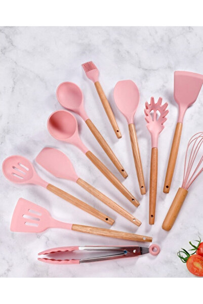 OEM Set of 12 kitchen utensils Wood/Silicone Pink
