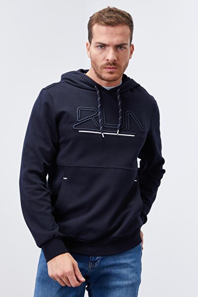 TOMMY LIFE Ανδρικό φούτερ με κουκούλα τύπου Navy Blue Text Embroidered Standard - 87887
