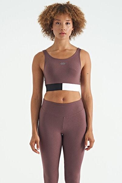 TOMMY LIFE Brown Color Blocked Logo Printed Slim Fit Ribbed Women's Bustier - 97275