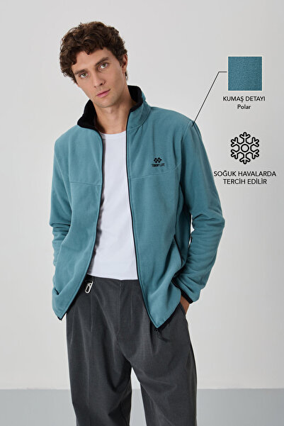 TOMMY LIFE Ανδρικό φούτερ Fleece - Mint Green, Κεντημένος γιακάς, Φερμουάρ - 87992