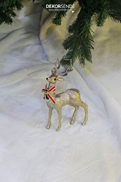 Dekorsende Χριστουγεννιάτικο Στολίδι Ασημένιο Ελάφι με Κουδούνια και Φιόγκο Σαμπάνια 35 εκ.
