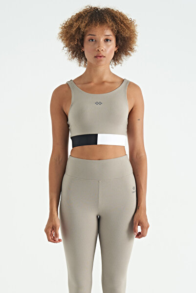 TOMMY LIFE Olive Green Color Blocked Logo Printed Slim Fit Ribbed Women's Bustier - 97275