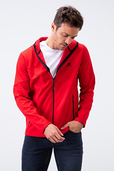 TOMMY LIFE Κόκκινο ανδρικό παλτό με κουκούλα με φερμουάρ και αντιανεμικό Softshell - 88051