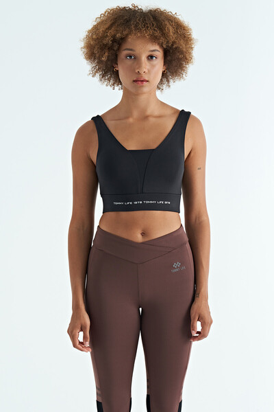 TOMMY LIFE Bustieră pentru femei din stofă de scufundări slim fit cu imprimeu text negru - 97271