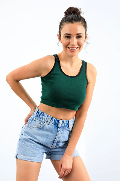 TOMMY LIFE Green Basic Zero Sleeve Slim Fit U Collar Women's Crop Top Undershirt - 97162