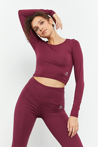 TOMMY LIFE Burgundy Long Sleeve Slim Fit O Neck Women's Crop Top T-Shirt - 97150