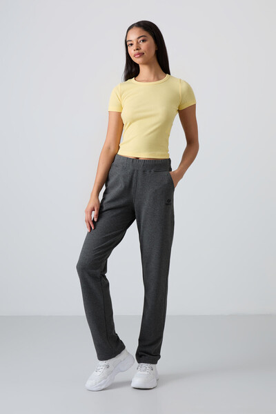 TOMMY LIFE Anthracite Melange Ψηλόμεση Τσέπη Άνετη Μορφή Κλασική Γυναικεία Φούτερ στο κάτω μέρος - 94185