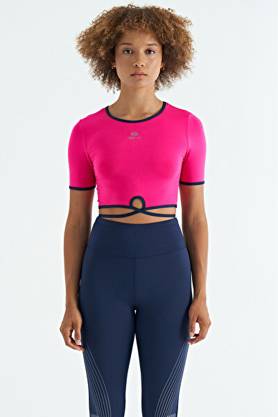 TOMMY LIFE Fuchsia Waist Tie Detailed O Neck Standard Mold Diving Fabric Women's Crop T-Shirt - 97266