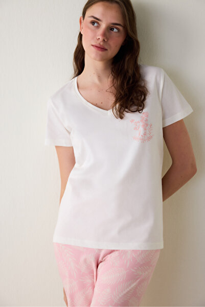 Penti Pembe Çiçek Desenli Pamuklu V Yaka Kısa Kollu Pijama Takımı