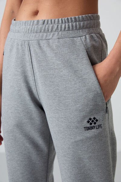 TOMMY LIFE Γκρι μελανζέ κρυφή τσέπη με φερμουάρ Άνετη φόρμα Classic Leg γυναικεία φόρμα κάτω - 94148