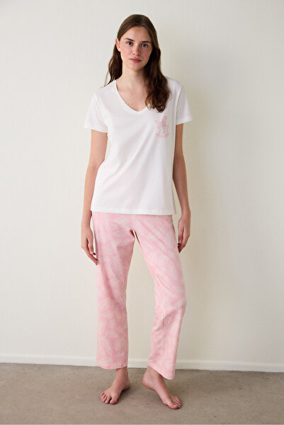 Penti Pembe Çiçek Desenli Pamuklu V Yaka Kısa Kollu Pijama Takımı