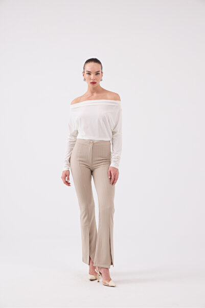 HOLLY LOLLY Front Slit Striped High Waist Algo Trousers Beige