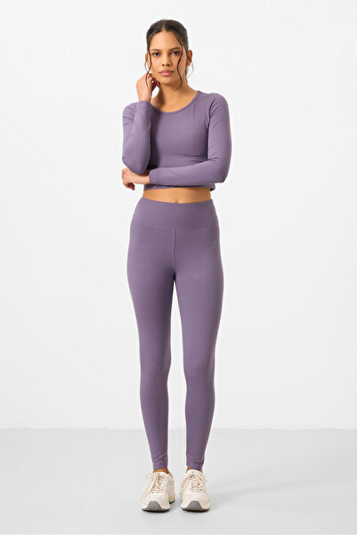 TOMMY LIFE Γυναικείο κολάν λιλά ψηλόμεσο μακρυμάνικο Slim Fit Crop Top - 95286