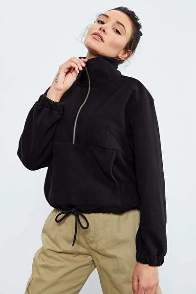 TOMMY LIFE Hanorac supradimensionat din fleece pentru femei - negru, fustă cu jumătate de fermoar, cu șnur - 97171