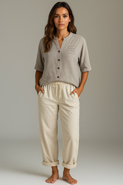 Metta's Shop Gri İtalyan Muslin Nakış Detaylı Kısa Kollu Gömlek