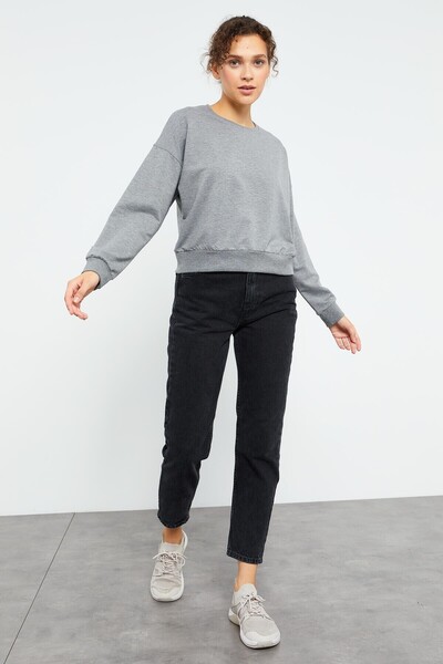 TOMMY LIFE Grey Melange Basic Comfortable Form O Neck Women's Sweatshirt - 97114