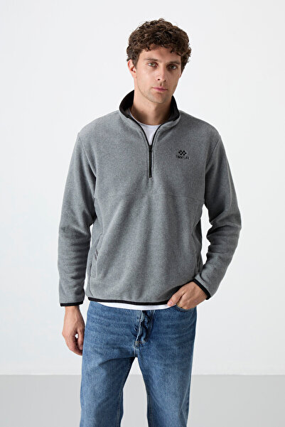 TOMMY LIFE Men's Polar Gray Melange - Half Zipper, Stand Collar, Slim Fit Sweatshirt - 87891