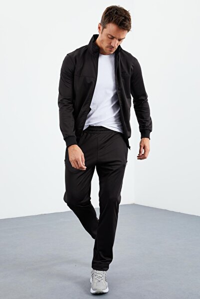 TOMMY LIFE Fekete állógalléros cipzáras standard szabású klasszikus lábú férfi tréningruha szett - 85162