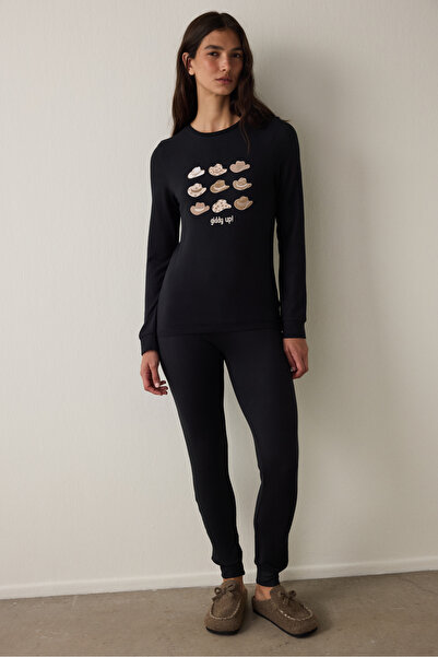 Penti Black Lana Slogan Printed Crew Neck Pajama Set