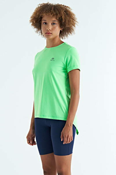 TOMMY LIFE Neon Green Back Slit Detailed O Neck Short Sleeve Standard Fit Women's T-Shirt - 97267