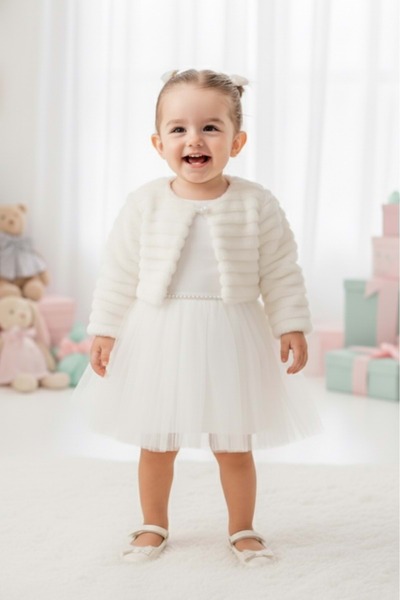 Mnk Baby&Kids Baby Girl Dress with Plush Bolero M00771 Ecru