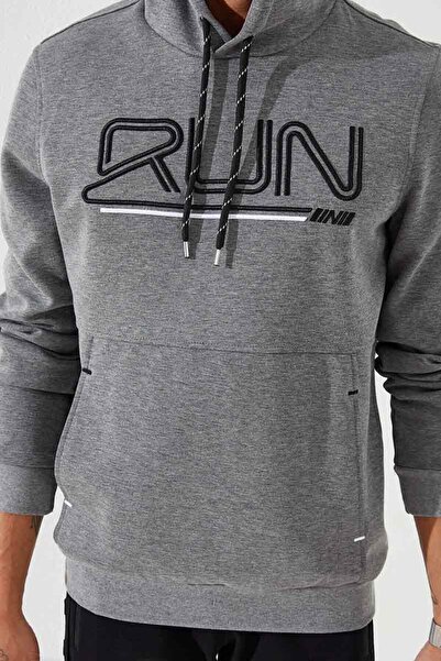 TOMMY LIFE Ανδρικό φούτερ με κουκούλα σε γκρι μελανζέ κεντημένο τυπικό σχέδιο - 87887