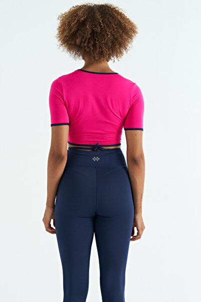 TOMMY LIFE Fuchsia Waist Tie Detailed O Neck Standard Mold Diving Fabric Women's Crop T-Shirt - 97266