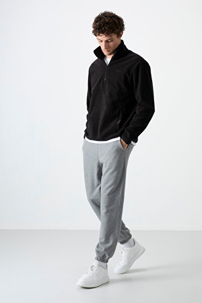 TOMMY LIFE Black Half Zippered Sweatshirt Slim Fit Stand Collar Men's Fleece - 87891