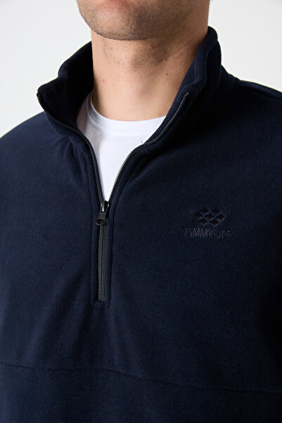 TOMMY LIFE Navy Blue Half Zipper Sweatshirt Slim Fit Stand Collar Men's Fleece - 87891